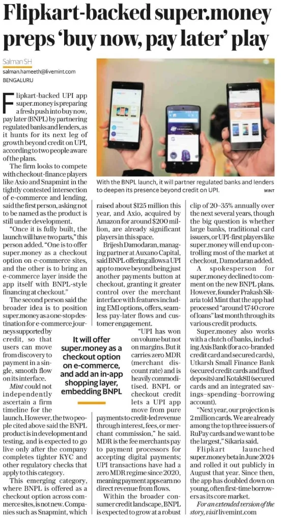 Press clipping: Flipkart-backed super.money preps buy now, pay later play (Mint)